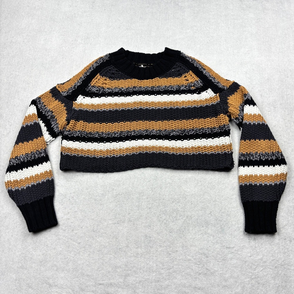 Free People Sweater Womens M Striped Chunky Knit Cropped Pullover Black Mustard